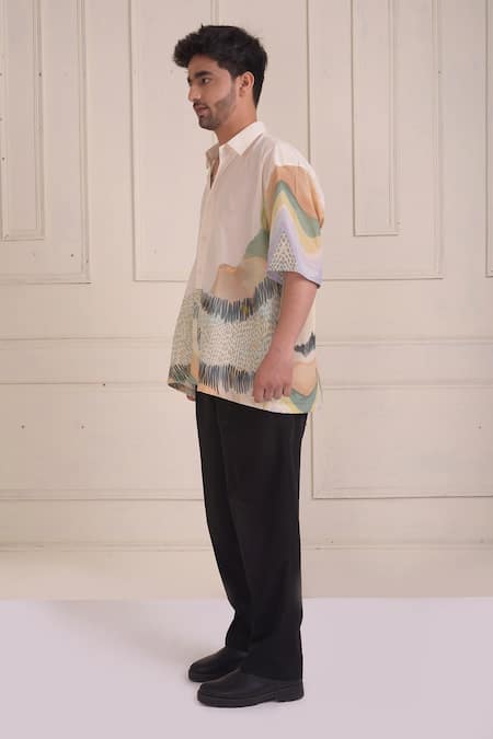 Shwetanga_Ivory Cotton Patchwork Printed Oversized Shirt _Online_at_Aza_Fashions