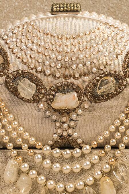 Tarun Tahiliani_Ivory Swarovski Pearls Dori Necklace Embroidered Clutch_Online_at_Aza_Fashions