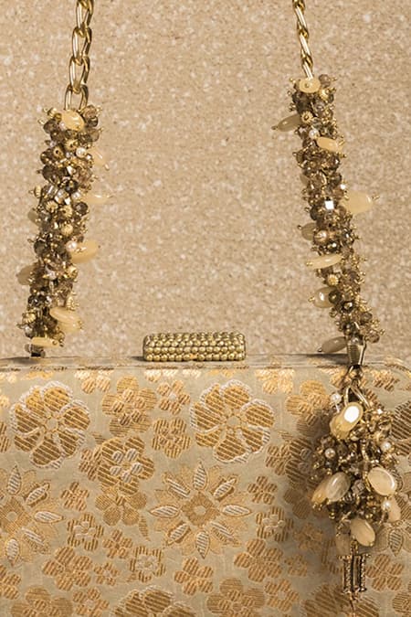 Tarun Tahiliani_Beige Metallic Thread, Beads Brocade Floral Pattern Bag_Online_at_Aza_Fashions