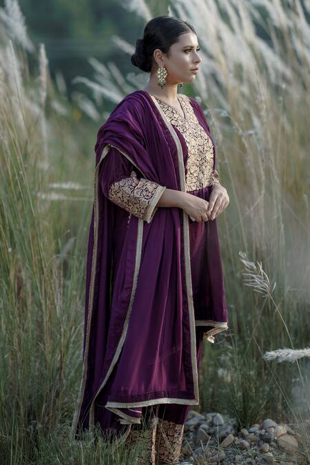 Daljit Sudan Purple Phiran Kurta And Pant Velvet & Dupatta Organza Yoke Embroidered Set Online at Aza Fashions Daljit Sudan_Purple Phiran Kurta And Pant Velvet & Dupatta Organza Yoke Embroidered Set_Online_at_Aza_Fashions