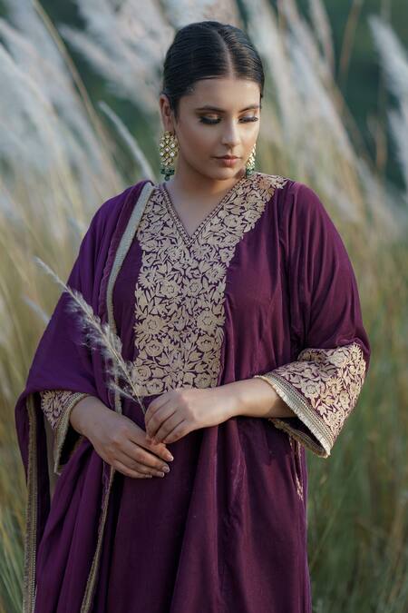 Buy Daljit Sudan Purple Phiran Kurta And Pant Velvet & Dupatta Organza Yoke Embroidered Set Online at Aza Fashions Buy_Daljit Sudan_Purple Phiran Kurta And Pant Velvet & Dupatta Organza Yoke Embroidered Set_Online_at_Aza_Fashions