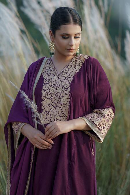 Shop Daljit Sudan Purple Phiran Kurta And Pant Velvet & Dupatta Organza Yoke Embroidered Set Online at Aza Fashions Shop_Daljit Sudan_Purple Phiran Kurta And Pant Velvet & Dupatta Organza Yoke Embroidered Set_Online_at_Aza_Fashions