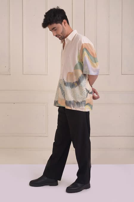 Buy_Shwetanga_Ivory Cotton Patchwork Printed Oversized Shirt _Online_at_Aza_Fashions