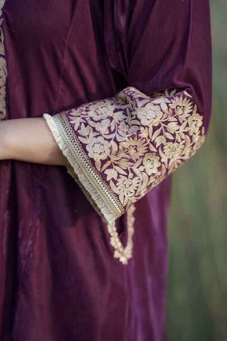Daljit Sudan Purple Phiran Kurta And Pant Velvet & Dupatta Organza Yoke Embroidered Set at Aza Fashions Daljit Sudan_Purple Phiran Kurta And Pant Velvet & Dupatta Organza Yoke Embroidered Set_at_Aza_Fashions