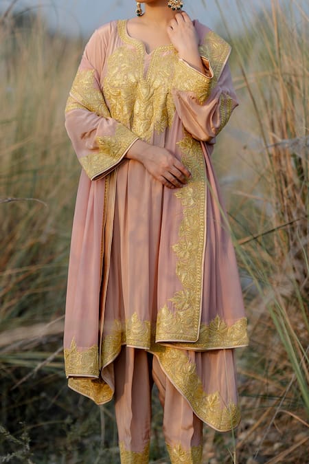 Buy_Daljit Sudan_Pink Phiran Kurta And Pant Crepe & Dupatta Georgette Embroidered Yoke Set _Online_at_Aza_Fashions