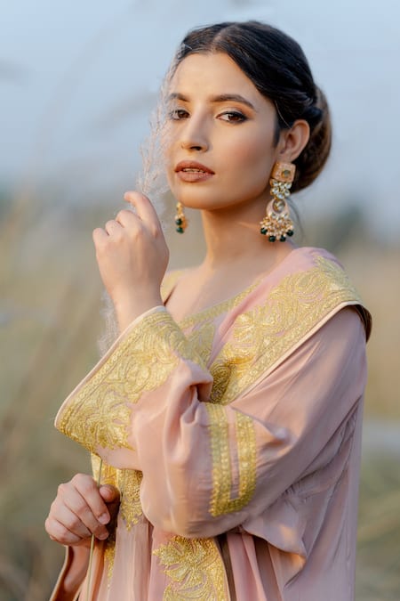 Shop_Daljit Sudan_Pink Phiran Kurta And Pant Crepe & Dupatta Georgette Embroidered Yoke Set _Online_at_Aza_Fashions
