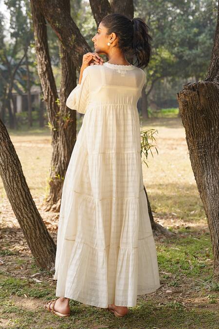 Buy_Dhaari_Off White Cotton, Silk Sequins V-neck Checkered Pattern Tiered Maxi Dress _Online_at_Aza_Fashions