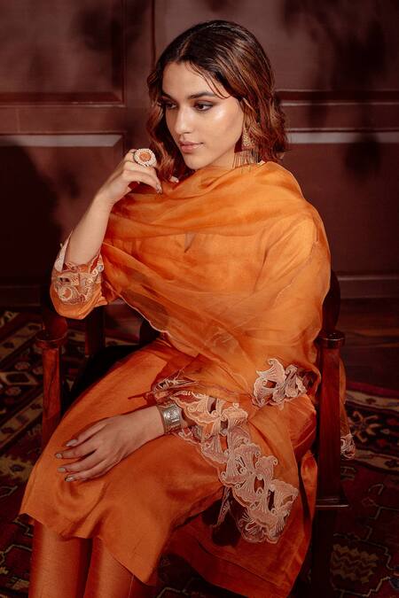 Buy_LAHARIO_Orange , Organza, Denim Cut Work, Embroidery Border Kurta Pant Set _Online_at_Aza_Fashions