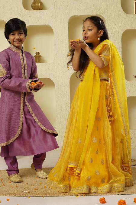 Rar Studio - Kids_Yellow Chanderi, Silk, Cotton Diamonds, Striped Embellished Lehenga Set_Online_at_Aza_Fashions