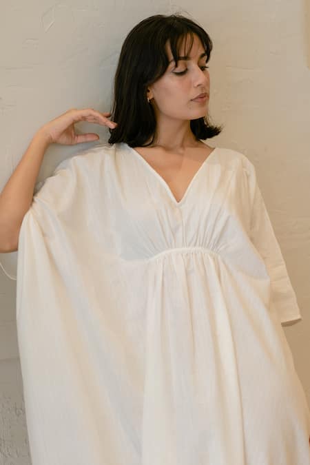 Buy_Vanaras_Off White Cotton V-neck Lyla Flared Kaftan Gown_Online_at_Aza_Fashions