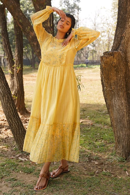 Dhaari_Yellow Handloom Cotton, Silk Embroidery Round Floral Hand Painted Tiered Dress _Online_at_Aza_Fashions
