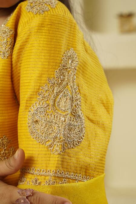 Buy_Rar Studio - Kids_Yellow Chanderi, Silk, Cotton Diamonds, Striped Embellished Lehenga Set_Online_at_Aza_Fashions