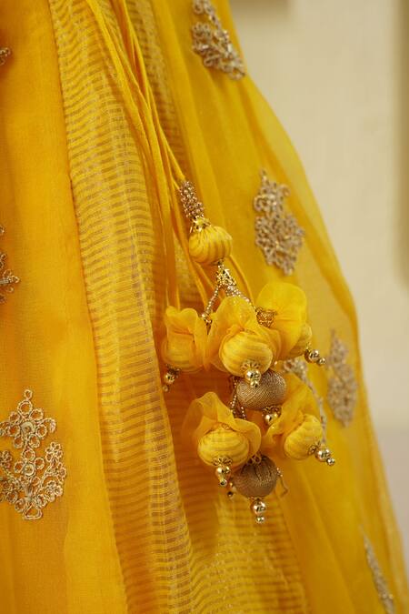 Rar Studio - Kids_Yellow Chanderi, Silk, Cotton Diamonds, Striped Embellished Lehenga Set_at_Aza_Fashions