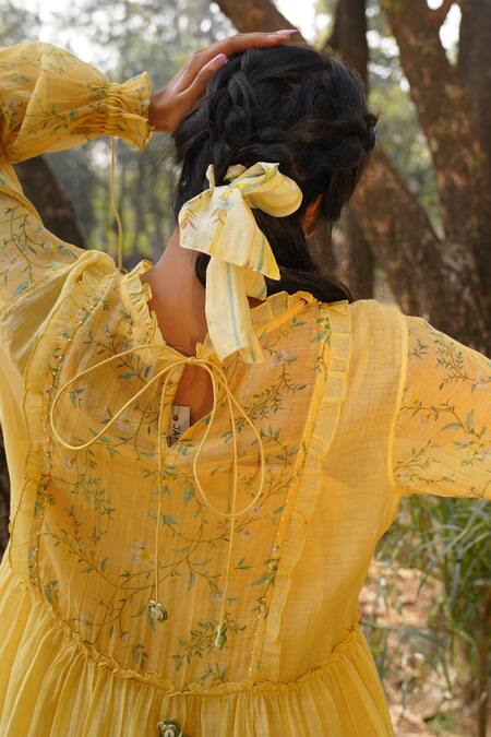Buy_Dhaari_Yellow Handloom Cotton, Silk Embroidery Round Floral Hand Painted Tiered Dress _Online_at_Aza_Fashions