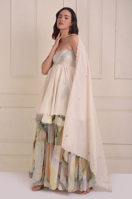 Shwetanga_Ivory Cotton Embroidery, Beads Open Neck Abstract Printed Organic Sharara Set _Online_at_Aza_Fashions