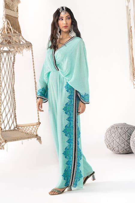 Buy_Chhavvi Aggarwal_Blue Crepe V-neck Batwing Sleeve Jumpsuit _Online_at_Aza_Fashions