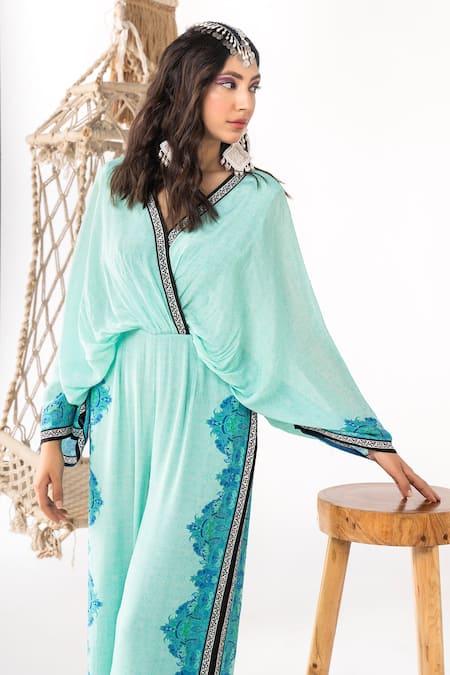 Shop_Chhavvi Aggarwal_Blue Crepe V-neck Batwing Sleeve Jumpsuit _Online_at_Aza_Fashions