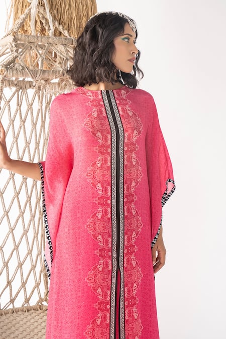 Shop Chhavvi Aggarwal Pink Crepe Embroidery Round Neck Floret Pattern Kaftan And Palazzo Set Online at Aza Fashions Shop_Chhavvi Aggarwal_Pink Crepe Embroidery Round Neck Floret Pattern Kaftan And Palazzo Set_Online_at_Aza_Fashions