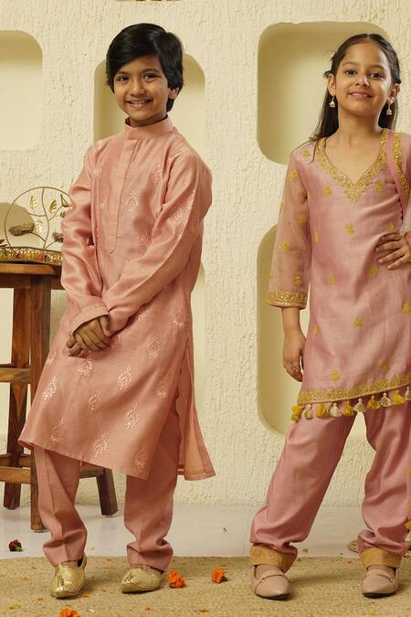 Rar Studio - Kids_Pink Chanderi, Cotton Embroidery Thread Kurta With Pant_Online_at_Aza_Fashions