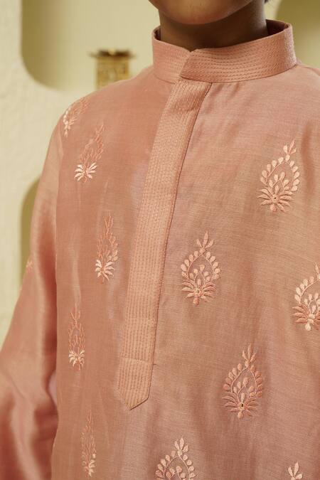 Buy_Rar Studio - Kids_Pink Chanderi, Cotton Embroidery Thread Kurta With Pant_Online_at_Aza_Fashions