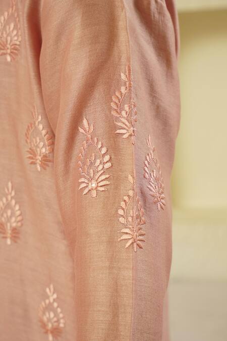Shop_Rar Studio - Kids_Pink Chanderi, Cotton Embroidery Thread Kurta With Pant_Online_at_Aza_Fashions