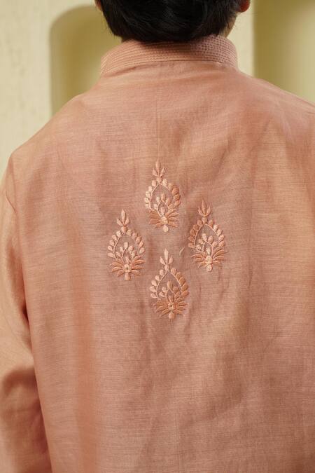 Rar Studio - Kids_Pink Chanderi, Cotton Embroidery Thread Kurta With Pant_at_Aza_Fashions