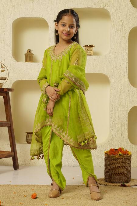 Rar Studio - Kids_Green Chanderi, Cotton, Silk Beads, Embroidery, Dori Anarkali Dhoti Pant Set_Online_at_Aza_Fashions