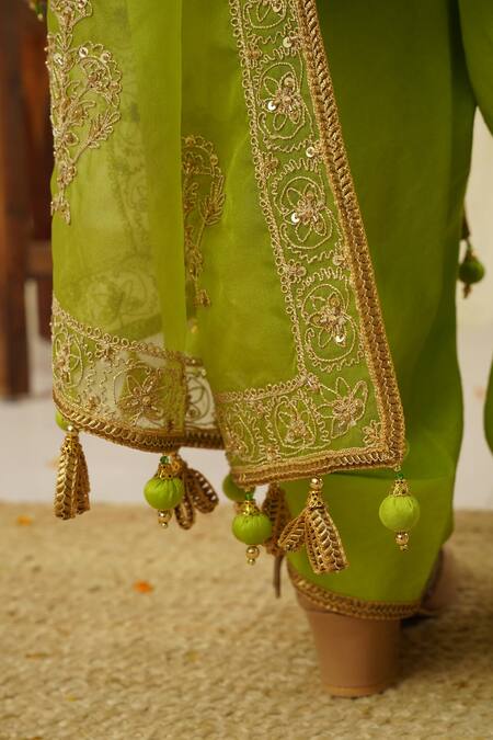 Buy_Rar Studio - Kids_Green Chanderi, Cotton, Silk Beads, Embroidery, Dori Anarkali Dhoti Pant Set_Online_at_Aza_Fashions