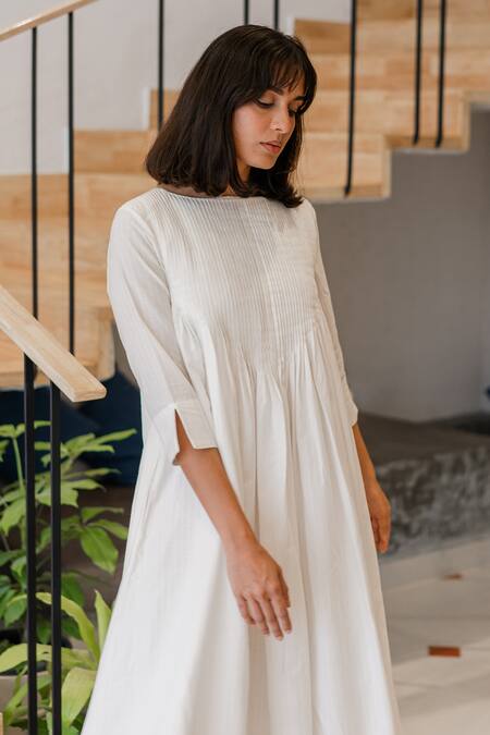 Vanaras Off White Cotton Round Neck Perla Pintucked Bodice Dress Online at Aza Fashions Vanaras_Off White Cotton Round Neck Perla Pintucked Bodice Dress_Online_at_Aza_Fashions