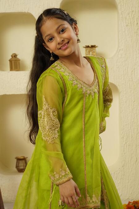 Shop_Rar Studio - Kids_Green Chanderi, Cotton, Silk Beads, Embroidery, Dori Anarkali Dhoti Pant Set_Online_at_Aza_Fashions