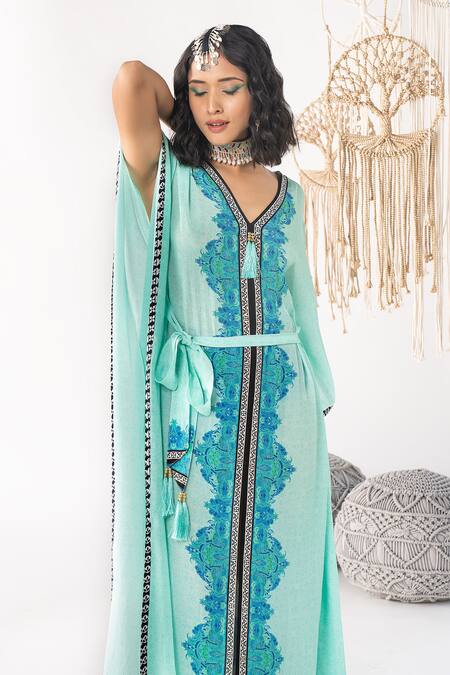Chhavvi Aggarwal_Blue Crepe Tassels V-neck Floret Print Kaftan _Online_at_Aza_Fashions