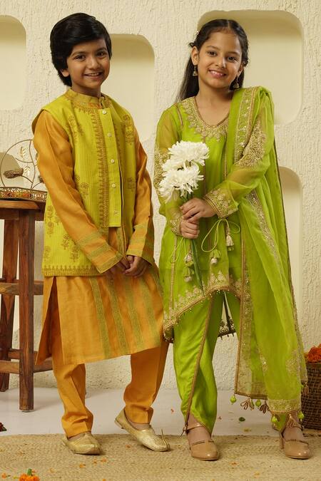 Rar Studio - Kids_Green Chanderi, Cotton, Silk Beads, Embroidery, Dori Anarkali Dhoti Pant Set_at_Aza_Fashions