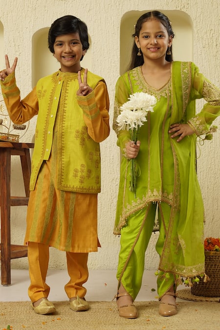 Rar Studio - Kids_Yellow Chanderi, Cotton Embroidery Kurta Set With Dori Contrast Jacket_Online_at_Aza_Fashions