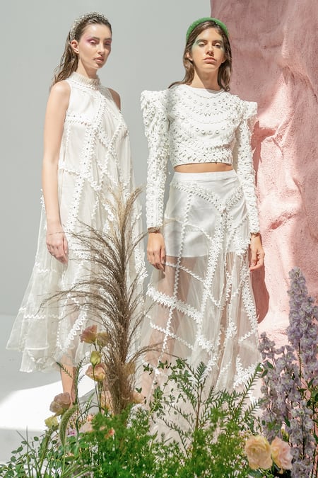 Shop_Vidhi Wadhwani_Off White Organza, Twill Embroidery Yaya Structured Skirt _Online_at_Aza_Fashions