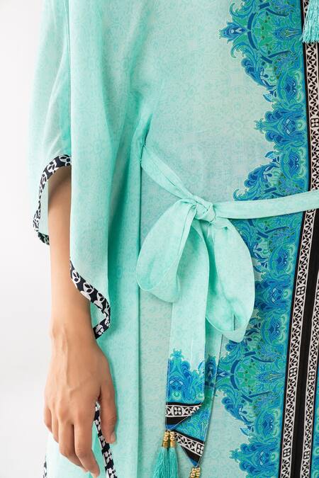 Buy_Chhavvi Aggarwal_Blue Crepe Tassels V-neck Floret Print Kaftan _Online_at_Aza_Fashions