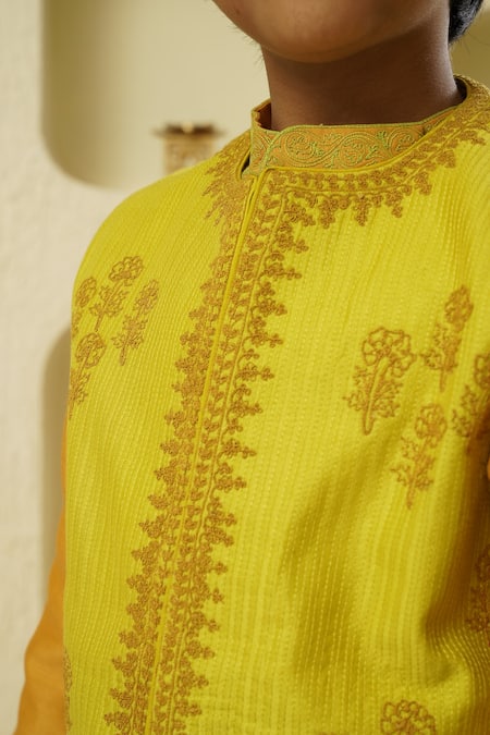Buy_Rar Studio - Kids_Yellow Chanderi, Cotton Embroidery Kurta Set With Dori Contrast Jacket_Online_at_Aza_Fashions