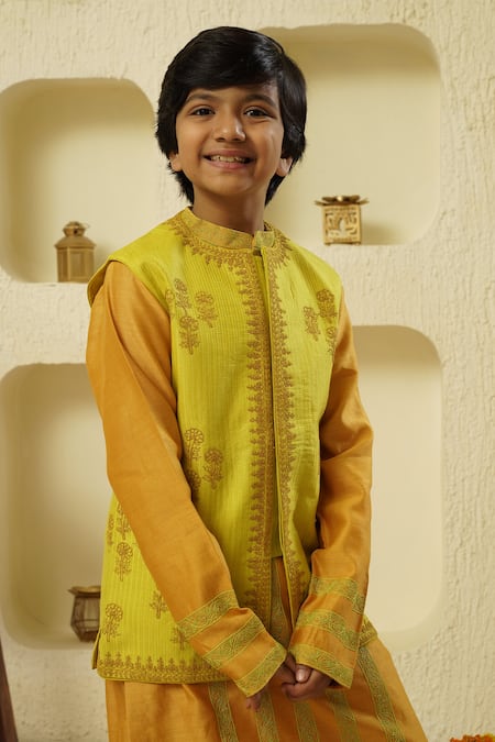 Shop_Rar Studio - Kids_Yellow Chanderi, Cotton Embroidery Kurta Set With Dori Contrast Jacket_Online_at_Aza_Fashions