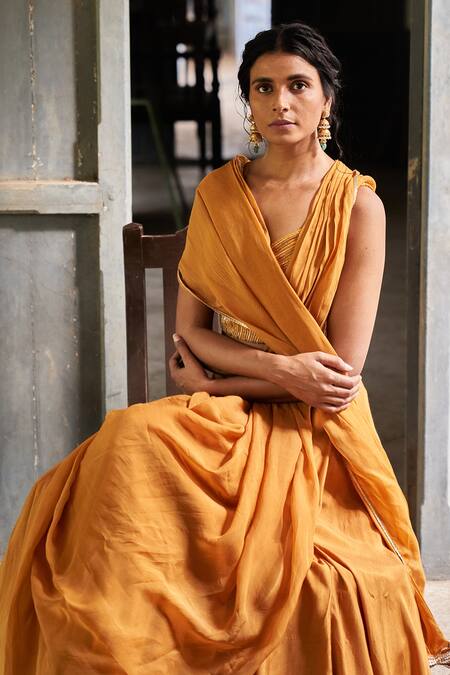 17:17 By Simmi Saboo_Yellow Muslin Silk And Organza Embroidery Border Lehenga Saree With Bustier _Online_at_Aza_Fashions