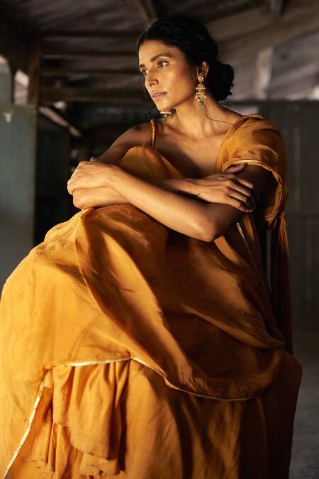Buy_17:17 By Simmi Saboo_Yellow Muslin Silk And Organza Embroidery Border Lehenga Saree With Bustier _Online_at_Aza_Fashions