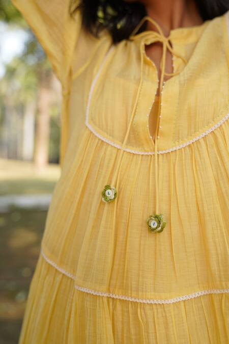Shop_Dhaari_Yellow Cotton, Silk Tassels Keyhole Neck Pleated Tiered Dress _Online_at_Aza_Fashions