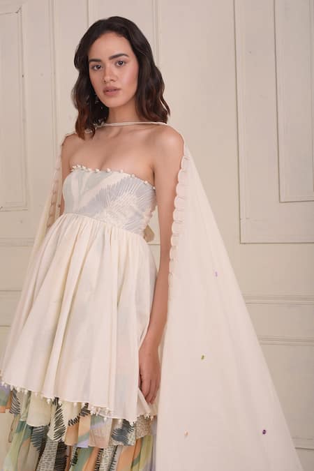 Buy_Shwetanga_Ivory Cotton Embroidery, Beads Open Neck Abstract Printed Organic Sharara Set _Online_at_Aza_Fashions