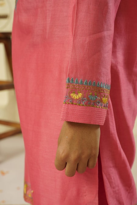 Rar Studio - Kids_Peach Chanderi, Cotton Embroidery Aari Work Kurta And Pant Set_Online_at_Aza_Fashions