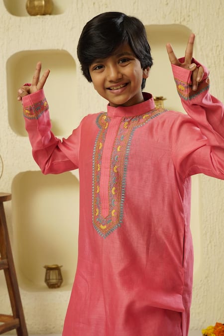 Shop_Rar Studio - Kids_Peach Chanderi, Cotton Embroidery Aari Work Kurta And Pant Set_Online_at_Aza_Fashions