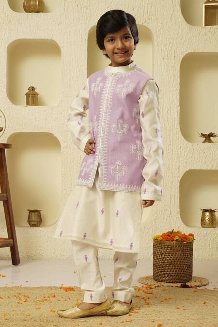Rar Studio - Kids_Ivory Chanderi, Cotton Embroidery Dori Jacket Kurta Set_Online_at_Aza_Fashions