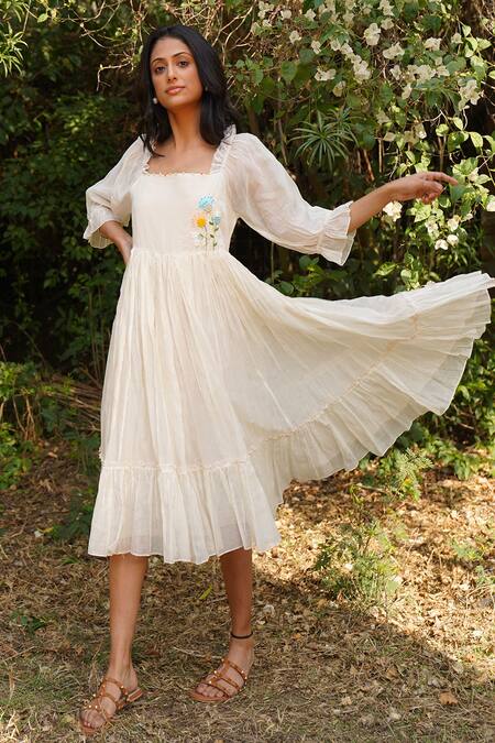 Dhaari_Off White Handloom Cotton, Silk Pearls Square Placement Floral Thread Work Dress _Online_at_Aza_Fashions