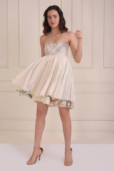 Buy_Shwetanga_Ivory Cotton Beads Square Neck Organic Layered Dress _Online_at_Aza_Fashions