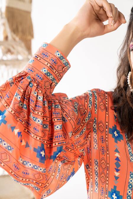 Chhavvi Aggarwal_Orange Crepe Collared Stripe Print Shirt_Online_at_Aza_Fashions