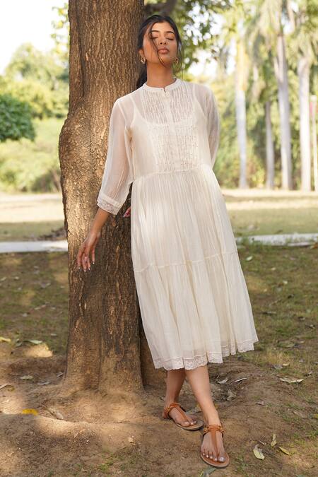 Buy_Dhaari_Off White Cotton, Silk Embroidery Bandeau Neck Smocked Yoke Tiered Dress _Online_at_Aza_Fashions