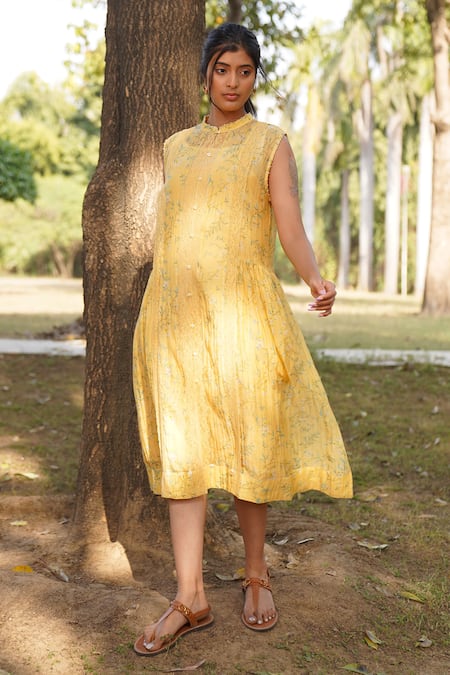 Dhaari_Yellow Handloom Cotton, Silk Embroidery Bandeau Neck Hand Painted And Dress _Online_at_Aza_Fashions