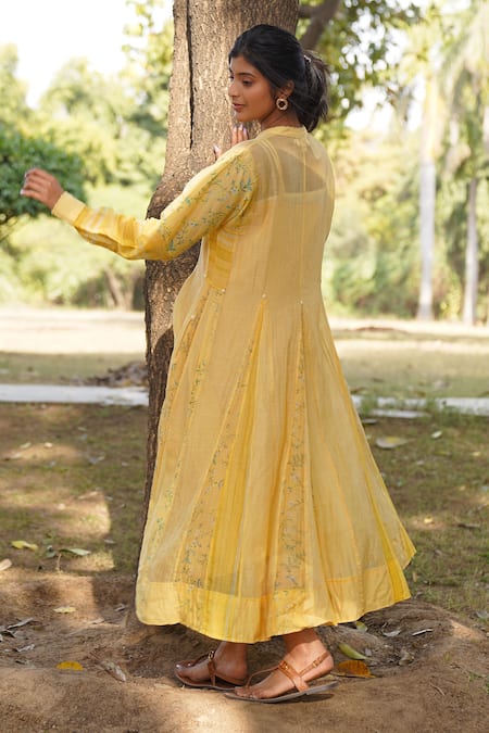 Buy_Dhaari_Yellow Handloom Cotton, Silk Embroidery Bandeau Neck Hand Painted Gusset Dress _Online_at_Aza_Fashions